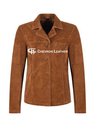 Woman’s Real Suede Leather Classic Blazer Style Box Buttons Jacket Jennifer 8728