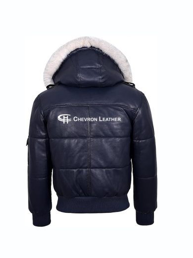 'THE PILOT SIX PUFFER' Men's Navy Hooded Bomber Genuine Real Leather Jacket