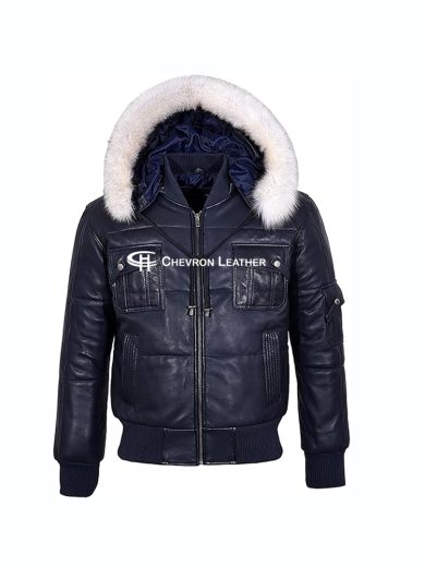 'THE PILOT SIX PUFFER' Men's Navy Hooded Bomber Genuine Real Leather Jacket