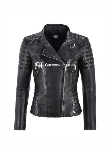 Ladies Leather Jacket Biker Fashion Style - Zipped Real Lambskin Leather Jacket 9393