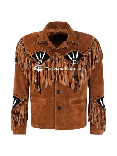 Men's Classic Western Style Cowboy Fringe American Native Suede Leather Jacket