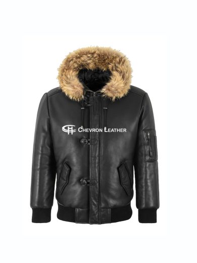 HARRIER Men's Hooded Leather Bomber Jacket Fur Hood Black