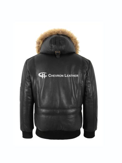 HARRIER Men's Hooded Leather Bomber Jacket Fur Hood Black