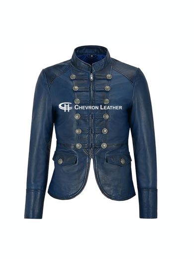 Ladies Leather Jacket Blue Victory Military Parade Style